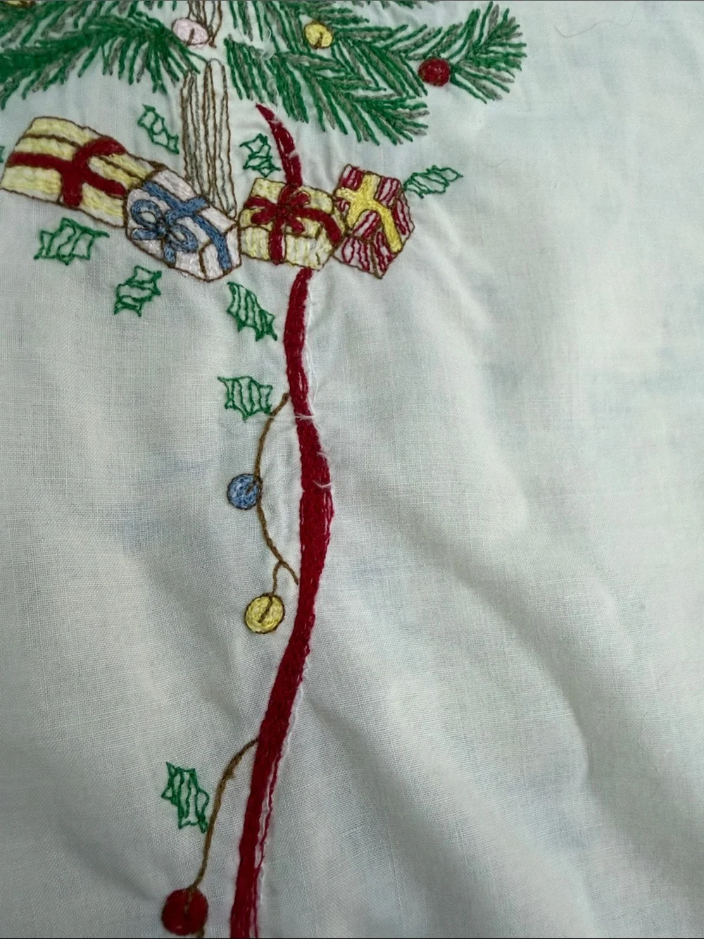 Vintage 60 inch Round White Embroidered Christmas Tree Tablecloth and 4 Napkins